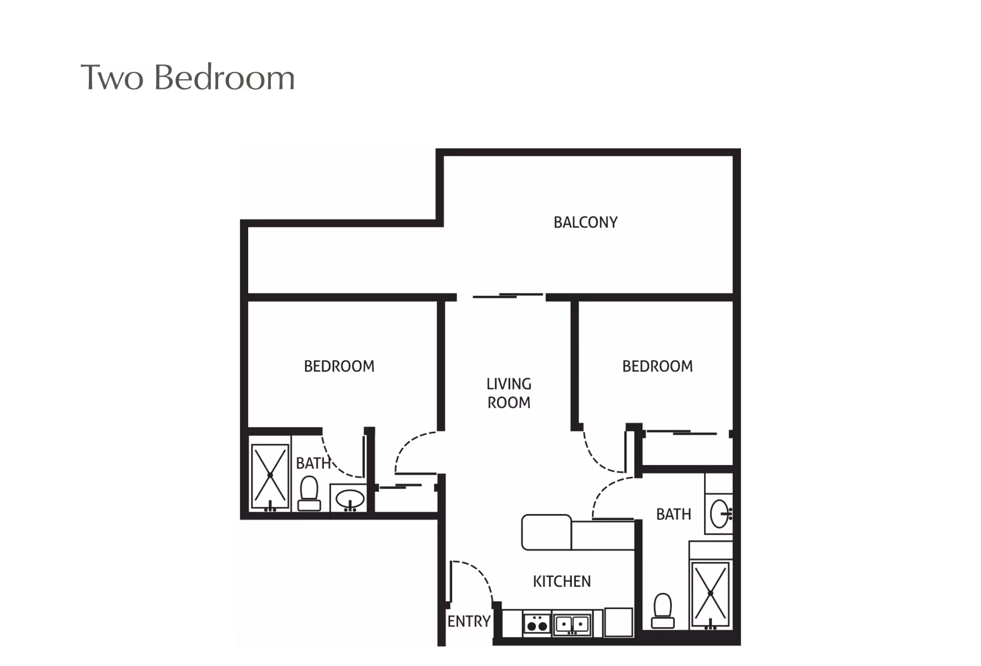 Black-and-white floor plan of a two-bedroom apartment showing living room, kitchen, two bedrooms, two bathrooms and a balcony.