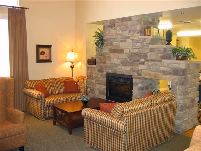 A cozy living room area with two plaid sofas facing a stone fireplace. There is a wooden coffee table between the sofas, a floor lamp in the corner, and some decorative plants and books on the fireplace mantel. The room has warm lighting and a framed picture on the wall.