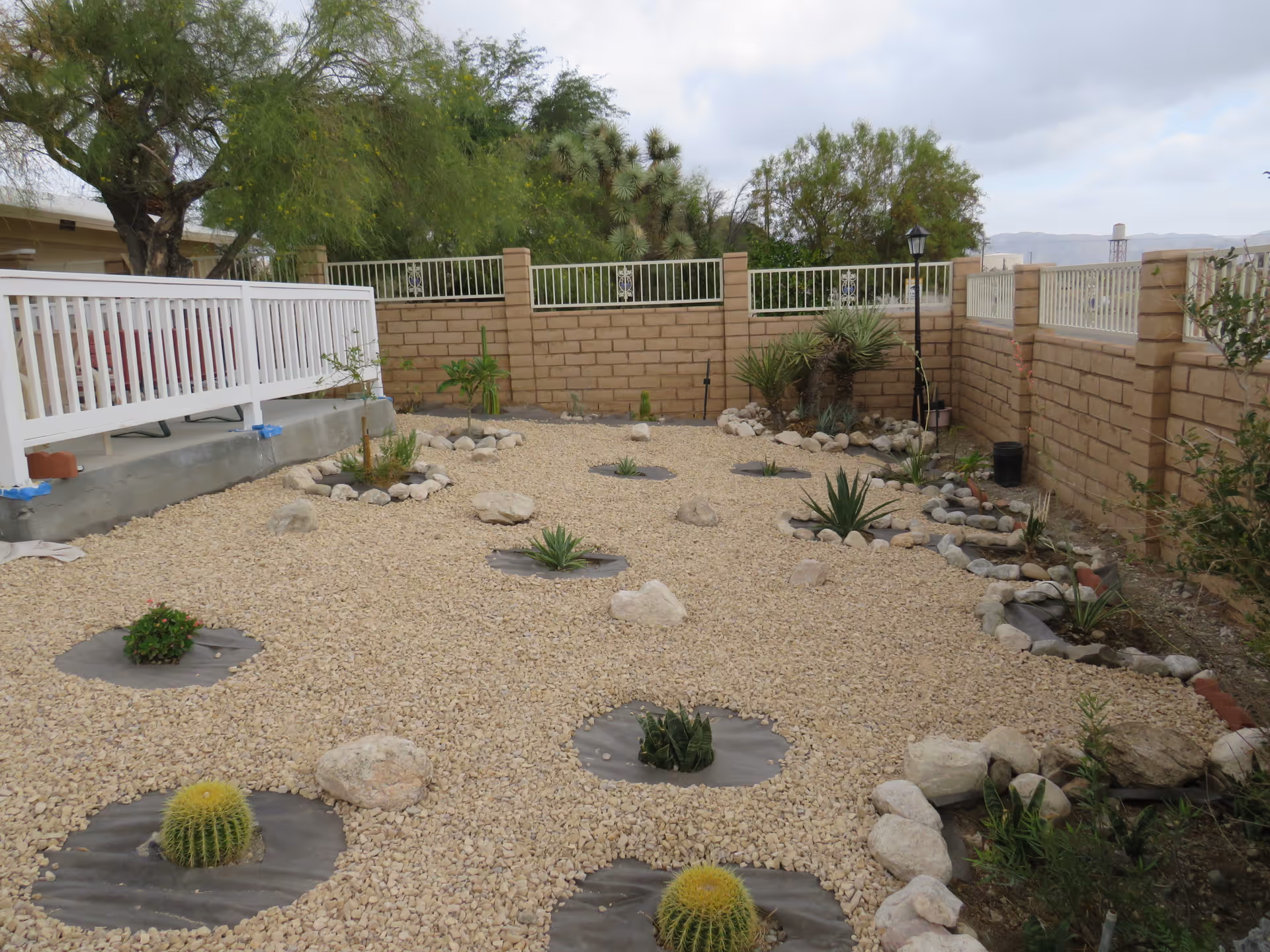 A landscaped outdoor garden area with gravel ground cover and various small desert plants and cacti planted in circular patches. The garden is enclosed by a brick wall with white metal fencing on top. There is a white railing on the left side, and trees and shrubs are visible in the background under a cloudy sky.