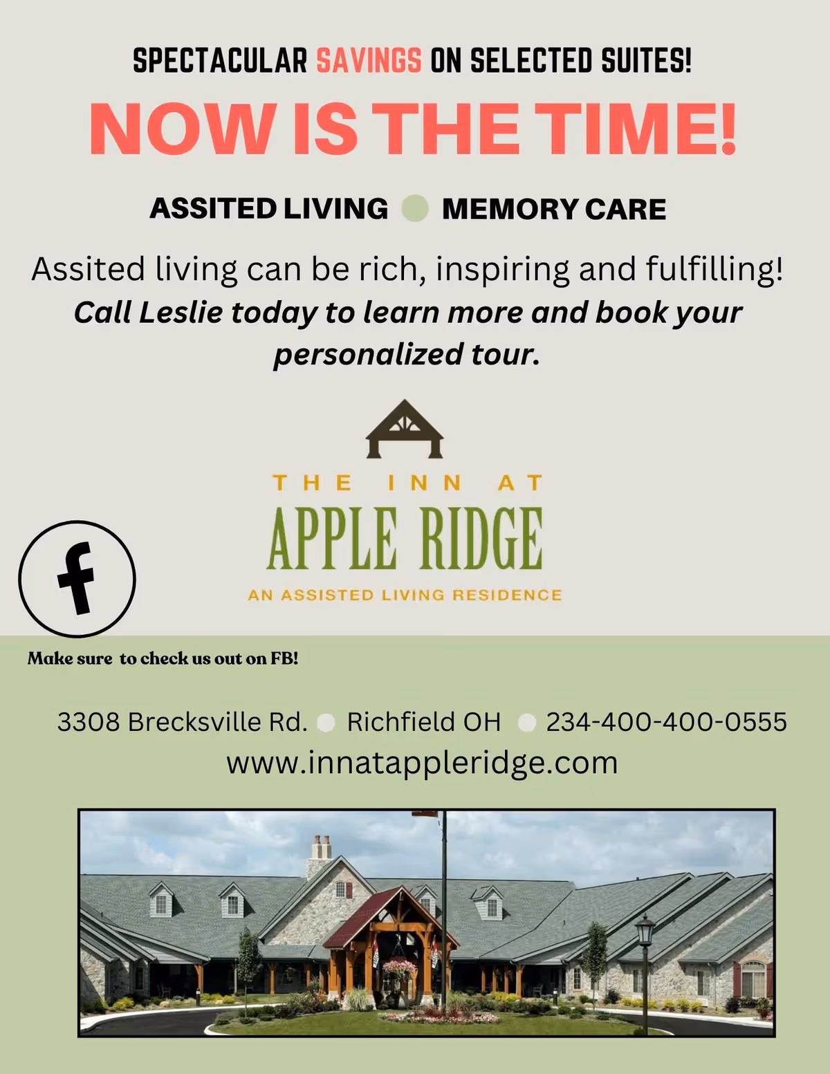 Promotional flyer for The Inn at Apple Ridge, an assisted living residence, highlighting spectacular savings on selected suites for assisted living and memory care. The flyer includes contact information, a website URL, and a photo of the building's front exterior.