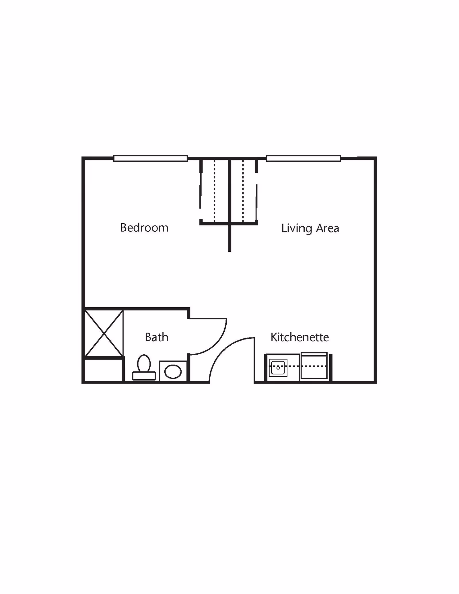 Floor plan of a living space at Brookdale Tanglewood Oaks showing a bedroom, living area, bath, and kitchenette.