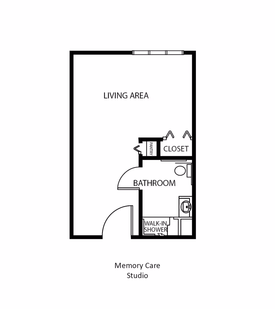 Floor plan layout of a Memory Care Studio at The Waterford at Hartford, showing a living area, bathroom with walk-in shower, closet, and pantry.