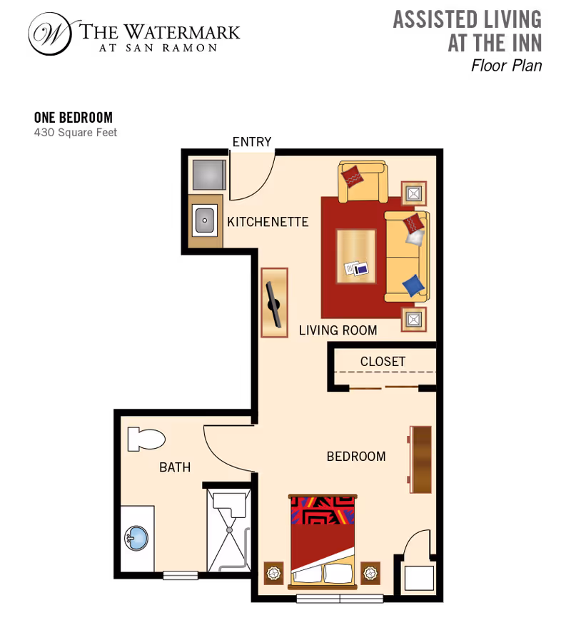 Floor plan of a 430-square-foot assisted living studio showing a kitchenette, living room, bedroom, closet and bathroom.