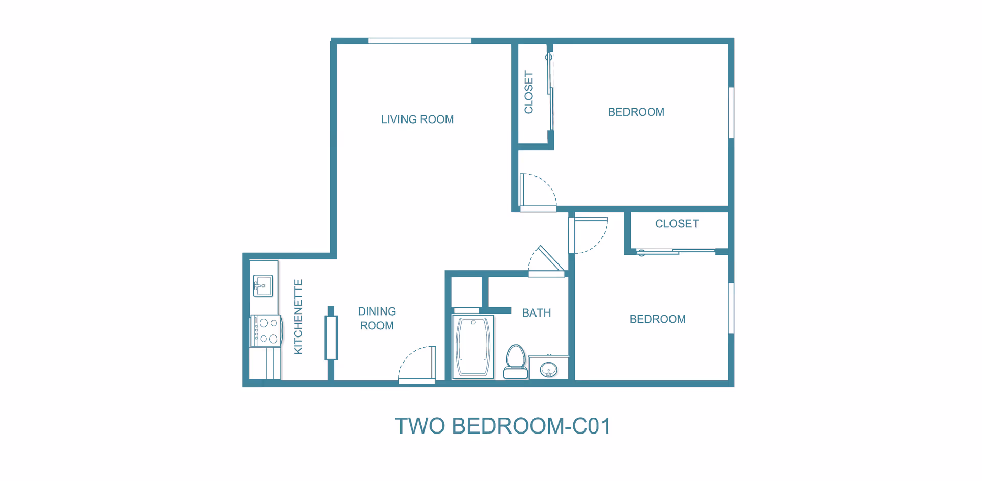 Floor plan layout of a two-bedroom apartment labeled TWO BEDROOM-C01, showing a living room, dining room, kitchenette, bathroom, and two bedrooms each with a closet.