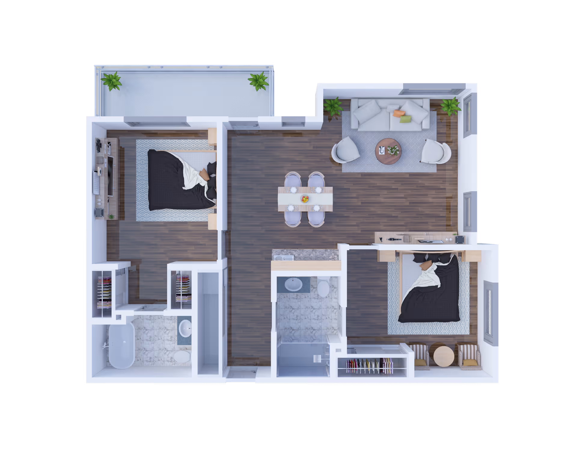 Top-down view of a two-bedroom apartment floor plan featuring a living room with sofa and chairs, a dining area with a table and four chairs, a kitchen area, two bedrooms each with a bed and closet, and two bathrooms. There is also a balcony with two plants.