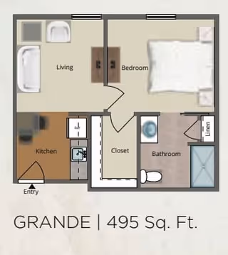 Floor plan of a 495 square feet apartment labeled 'GRANDE' showing a living room, bedroom, kitchen, bathroom, closet, linen closet, and entry area.