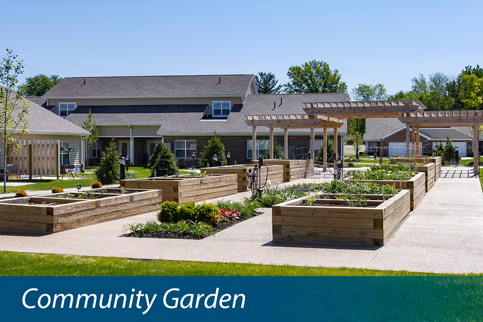 Raised wooden garden beds and pergolas in a community garden courtyard in front of residential buildings.