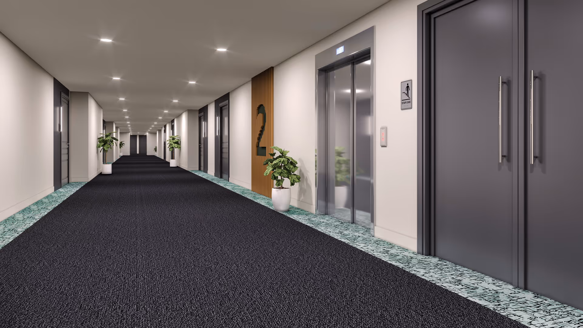 Wide modern hallway in a residential facility with dark carpeting, potted plants, a numbered wall sign and an elevator.