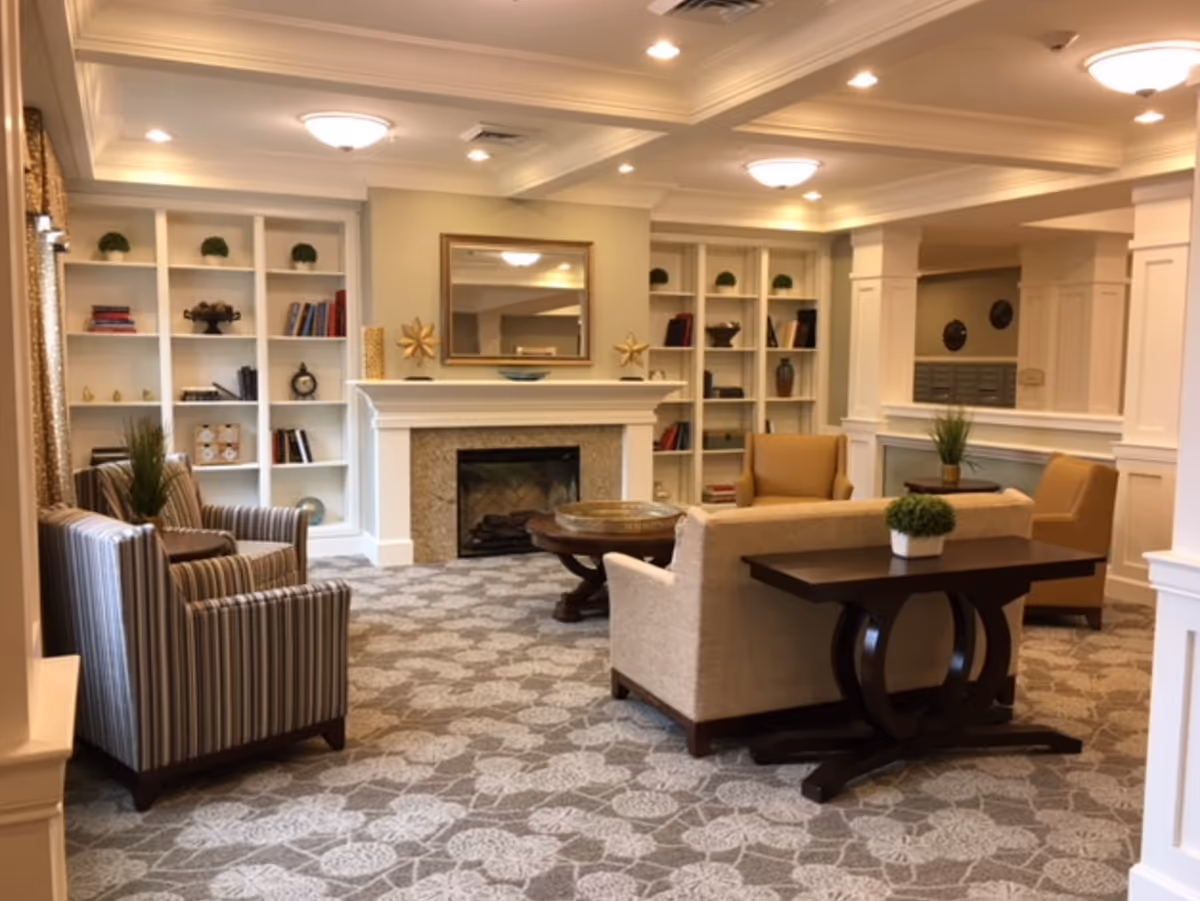 A cozy senior living facility common area with a fireplace centered between two white built-in bookshelves. The room features a patterned carpet, two striped armchairs on the left, two beige armchairs on the right, and a beige sofa facing the fireplace. There are decorative plants on tables and ceiling lights providing warm illumination.