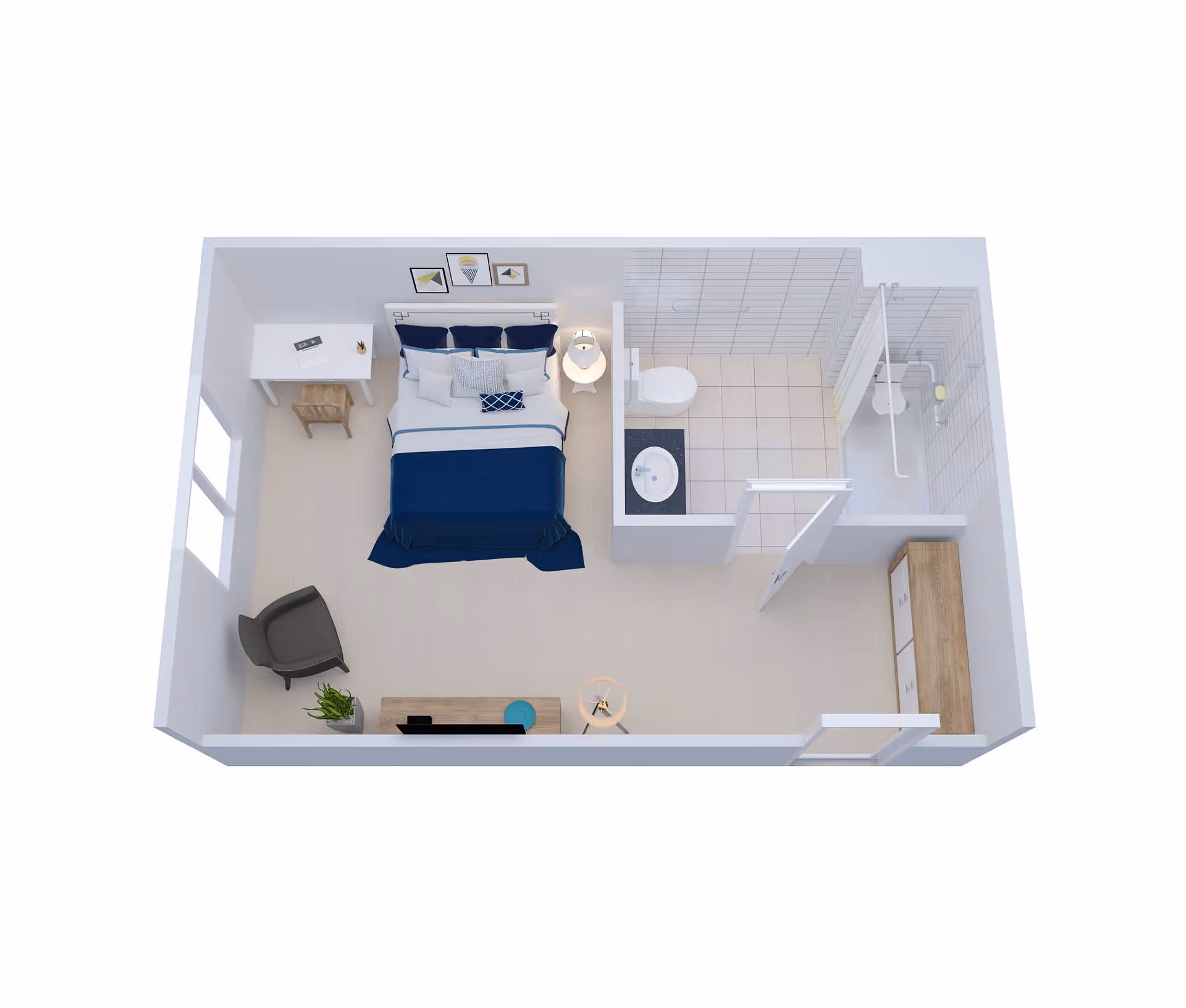 3D floor plan of a small studio apartment featuring a bedroom area with a bed, nightstand, desk, chair, and dresser. The bathroom includes a toilet, sink, and shower with grab bars.
