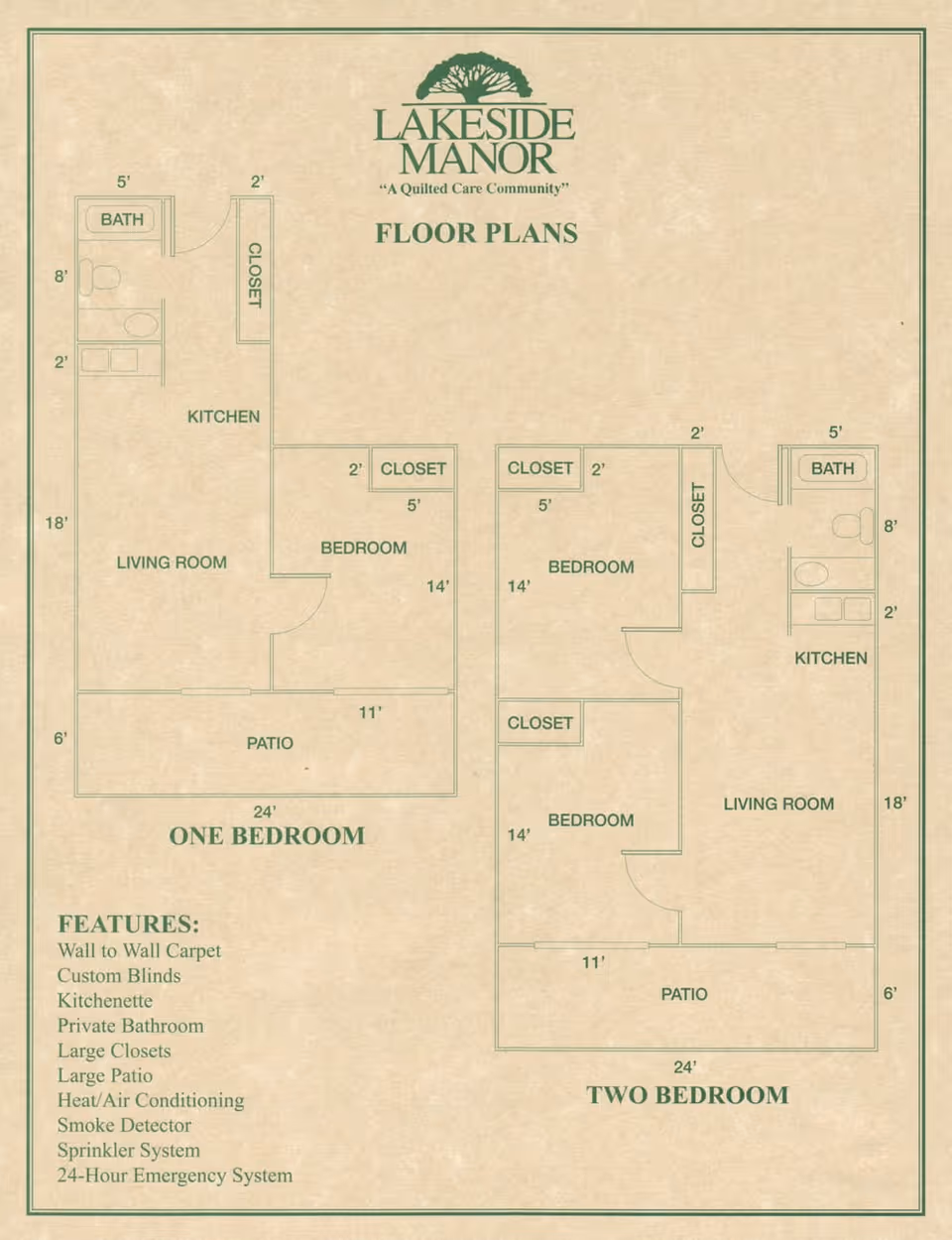 Floor plans for Lakeside Manor Retirement showing layouts for one-bedroom and two-bedroom units. Each plan includes labeled areas for living room, kitchen, bedroom(s), bathroom(s), closets, and patio. Features listed include wall to wall carpet, custom blinds, kitchenette, private bathroom, large closets, large patio, heat/air conditioning, smoke detector, sprinkler system, and 24-hour emergency system.