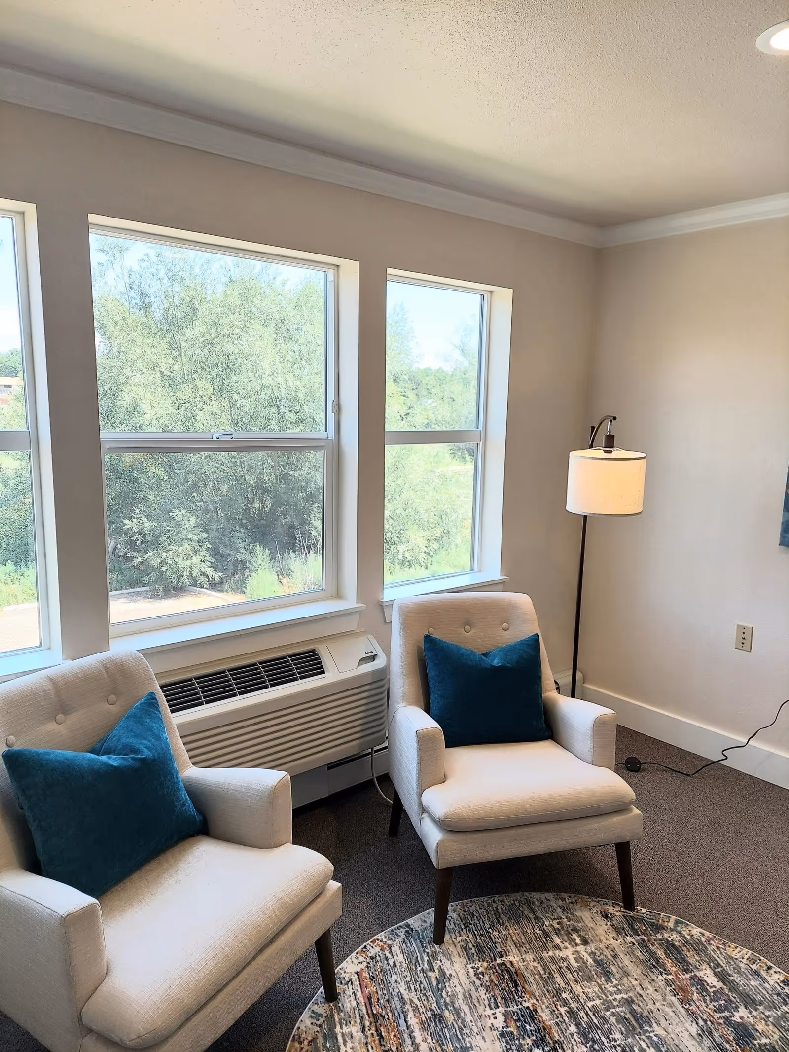 A cozy sitting area with two beige armchairs each with a blue cushion, positioned near three large windows showing green trees outside. There is a floor lamp with a white shade next to the chairs and a patterned round rug on the floor.