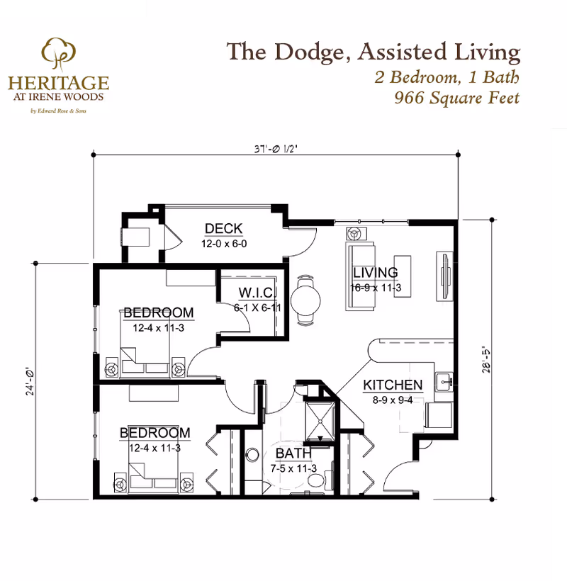 Architectural floor plan of The Dodge, an assisted living unit at Heritage at Irene Woods, showing 2 bedrooms, 1 bathroom, a living area, kitchen, walk-in closet, and a deck. Dimensions and layout details are included.