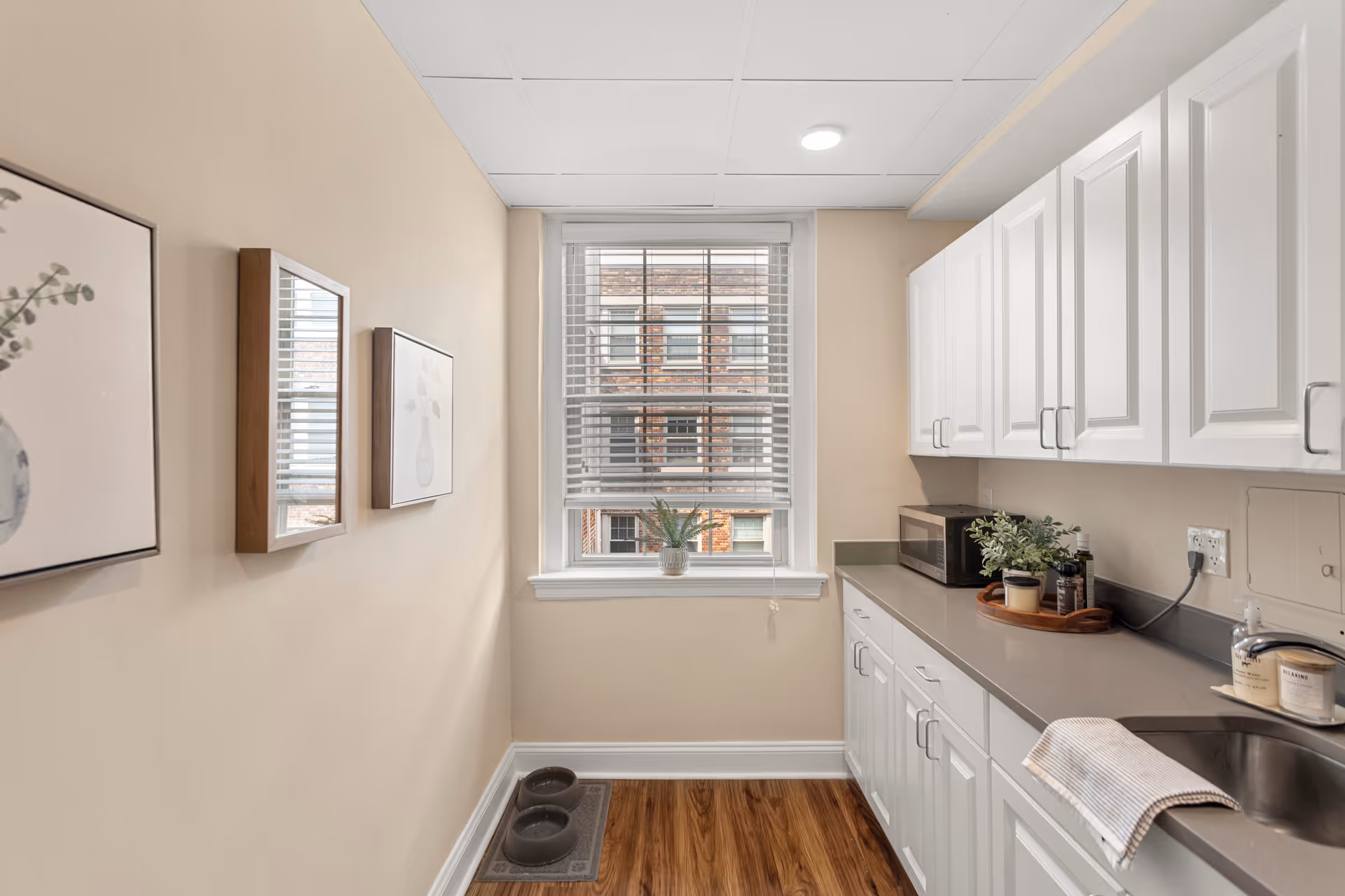 A small kitchen area with white cabinets, a gray countertop, a microwave, a sink with a towel, and decorative plants. There is a window with blinds showing a brick building outside. On the left wall, there are two framed pictures and a small mirror. On the floor, there are two pet bowls on a mat.