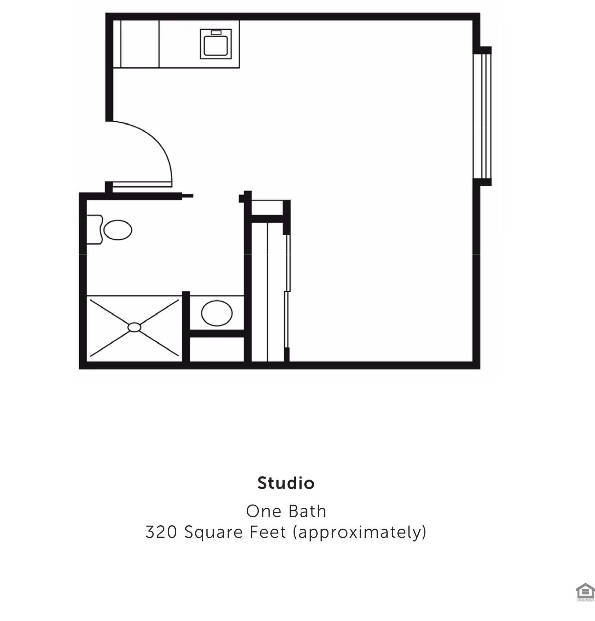 Black-and-white floor plan diagram of a studio apartment showing a kitchenette and one bathroom.