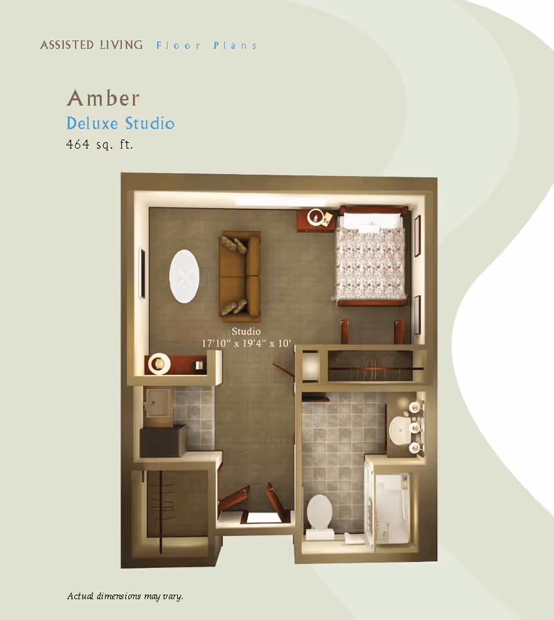 Floor plan of Amber Deluxe Studio assisted living apartment at Rio Terra Senior Living, showing a 464 sq. ft. studio layout with a combined living and sleeping area, a bathroom with a toilet, sink, and shower, and a small kitchenette area.