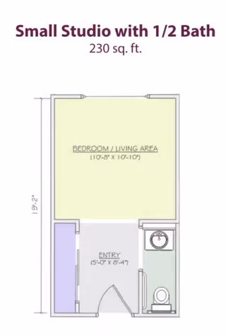 Floor plan of a small studio apartment with 1/2 bath, totaling 230 square feet. The layout includes a bedroom/living area measuring 10 feet 8 inches by 10 feet 10 inches, an entry area measuring 5 feet by 8 feet 4 inches, and a half bathroom with a sink and toilet.