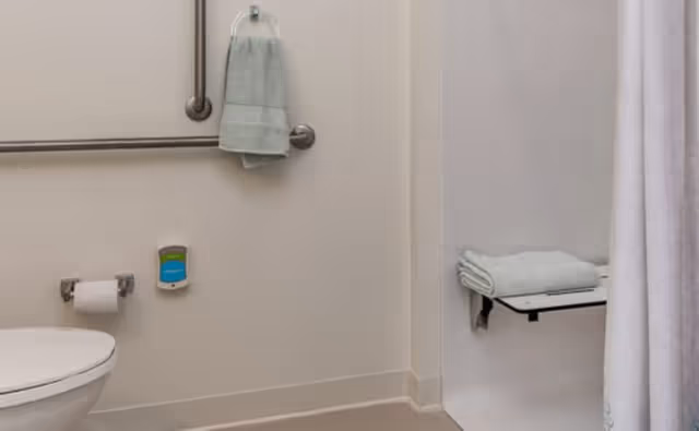 A bathroom with a white toilet, a wall-mounted grab bar with a hanging towel, a toilet paper holder with a roll of toilet paper, a soap dispenser, and a shower area with a fold-down seat and a folded towel on it.