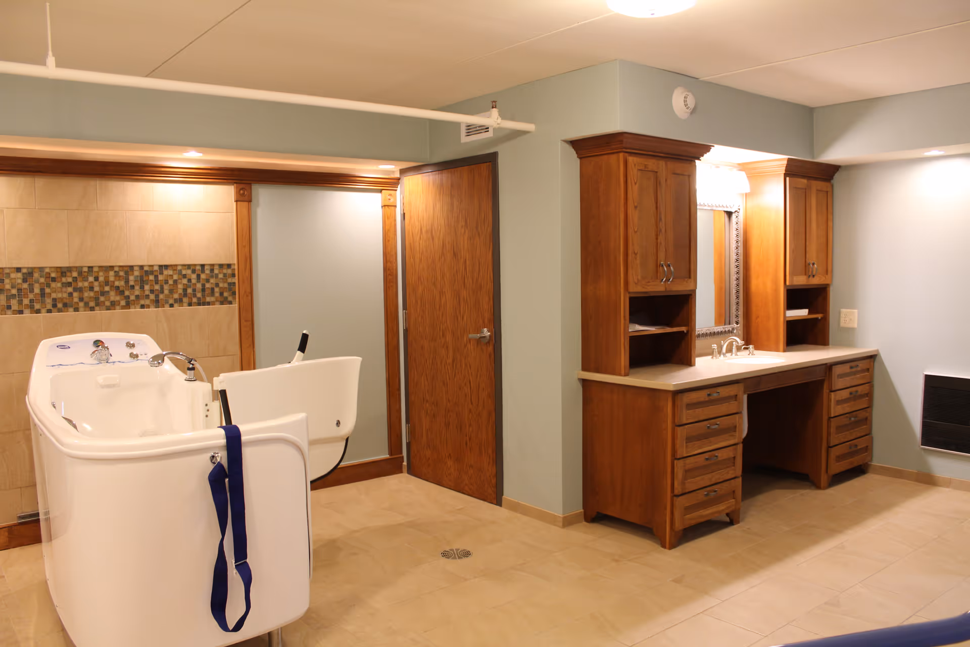 Accessible bathroom with a walk-in bathtub and wooden vanity cabinets with a sink and mirror.