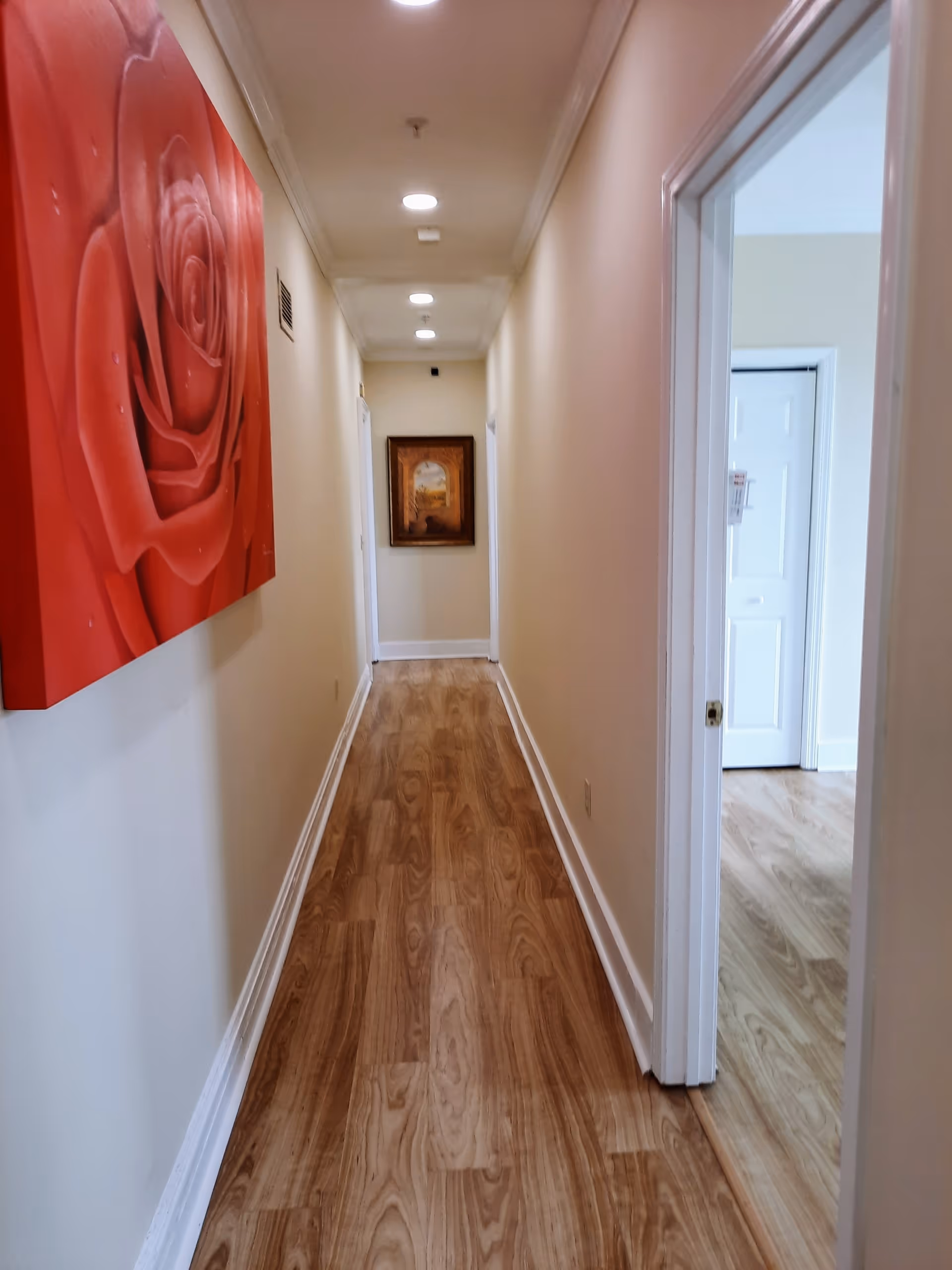 Long narrow interior hallway with wood-look flooring, recessed ceiling lights, and artwork on the walls with a doorway to a room on the right.