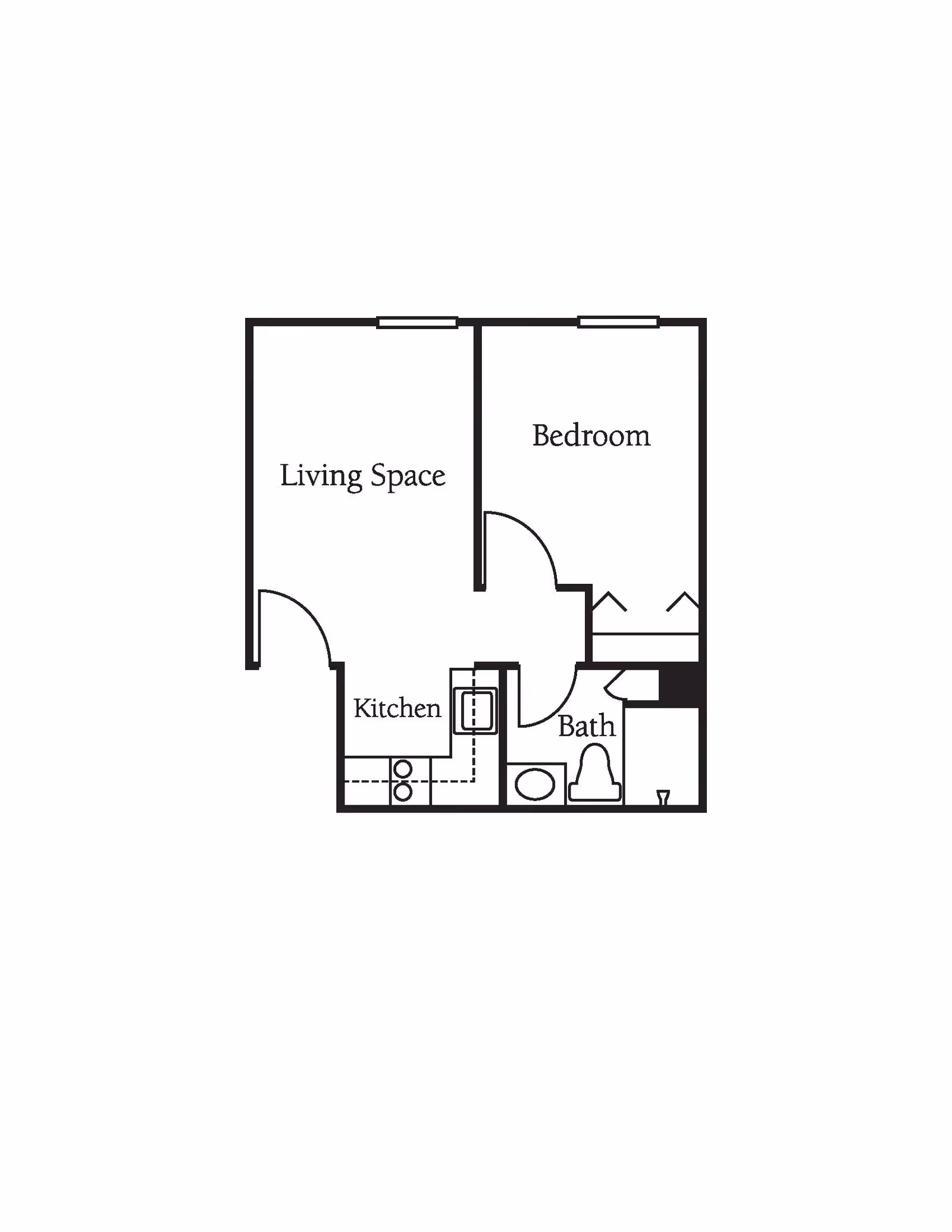 Floor plan layout showing a living space, bedroom, kitchen, and bathroom with labeled rooms and fixtures.
