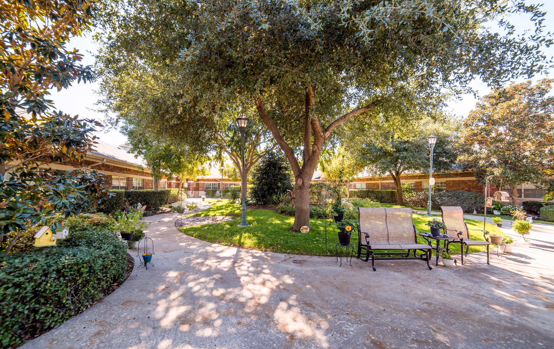 A sunny outdoor courtyard at Brookdale Summer Ridge featuring a large tree in the center, green grass, shrubs, and a curved concrete pathway. There are two benches with armrests and several potted plants around them. The courtyard is surrounded by single-story brick buildings and has lampposts providing lighting.