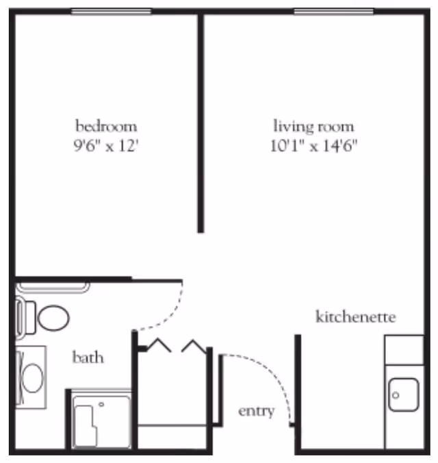 Floor plan showing a layout with a bedroom measuring 9 feet 6 inches by 12 feet, a living room measuring 10 feet 1 inch by 14 feet 6 inches, a bath with a toilet, sink, and shower, an entry area, and a kitchenette with a sink.