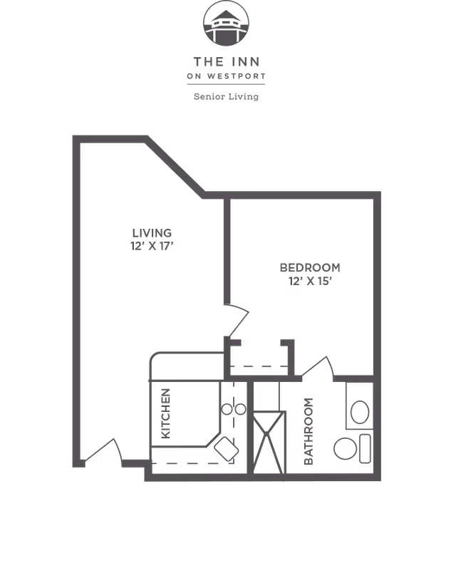 Floor plan of a senior living unit at The Inn on Westport showing a living room (12' x 17'), bedroom (12' x 15'), kitchen, and bathroom with labeled areas and basic fixtures.