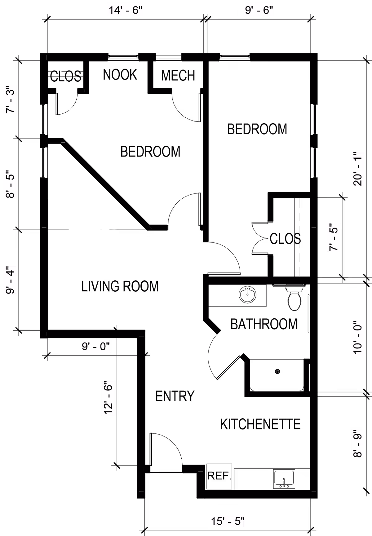 Architectural floor plan of a living unit at The Phoenix at Union Hill, showing two bedrooms, a living room, kitchenette, bathroom, entry, closets, nook, and mechanical room with dimensions.