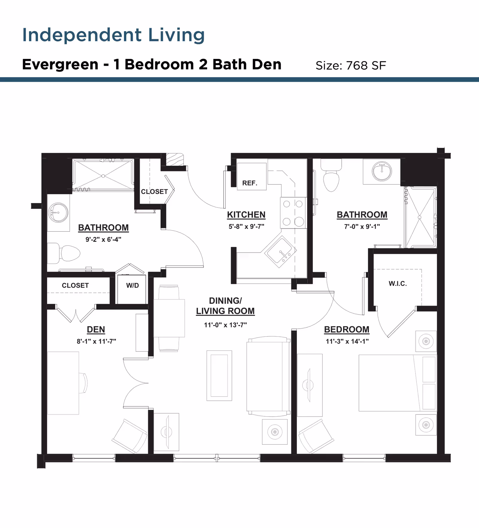 Floor plan for Monarch Spring Meadows Independent Living Evergreen unit, featuring 1 bedroom, 2 bathrooms, and a den, with a total size of 768 square feet. The layout includes a kitchen, dining/living room, bedroom with walk-in closet, two bathrooms, a den, and closets.
