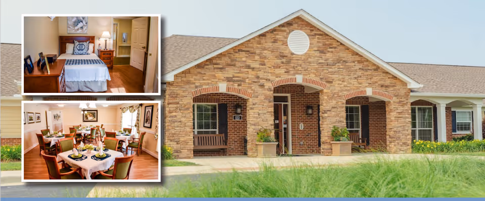 Main image shows the front exterior of a senior living facility with a brick and stone facade, a covered porch with two benches, and windows with white trim. Inset images show a bedroom with a single bed, nightstand, lamp, dresser, and bathroom in the background, and a dining room with multiple tables set with plates, napkins, and silverware, surrounded by chairs.