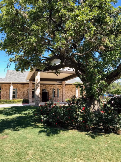 A large tree with sprawling branches and green leaves stands in front of a brick building with a covered entrance. There are bushes with red flowers near the base of the tree and a well-maintained green lawn under a clear blue sky.