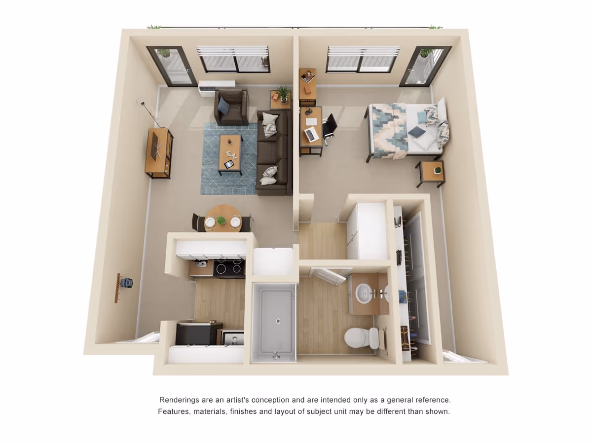 3D floor-plan rendering of a one-bedroom apartment showing a living room, dining area, kitchen, bathroom, and bedroom with furnishings.