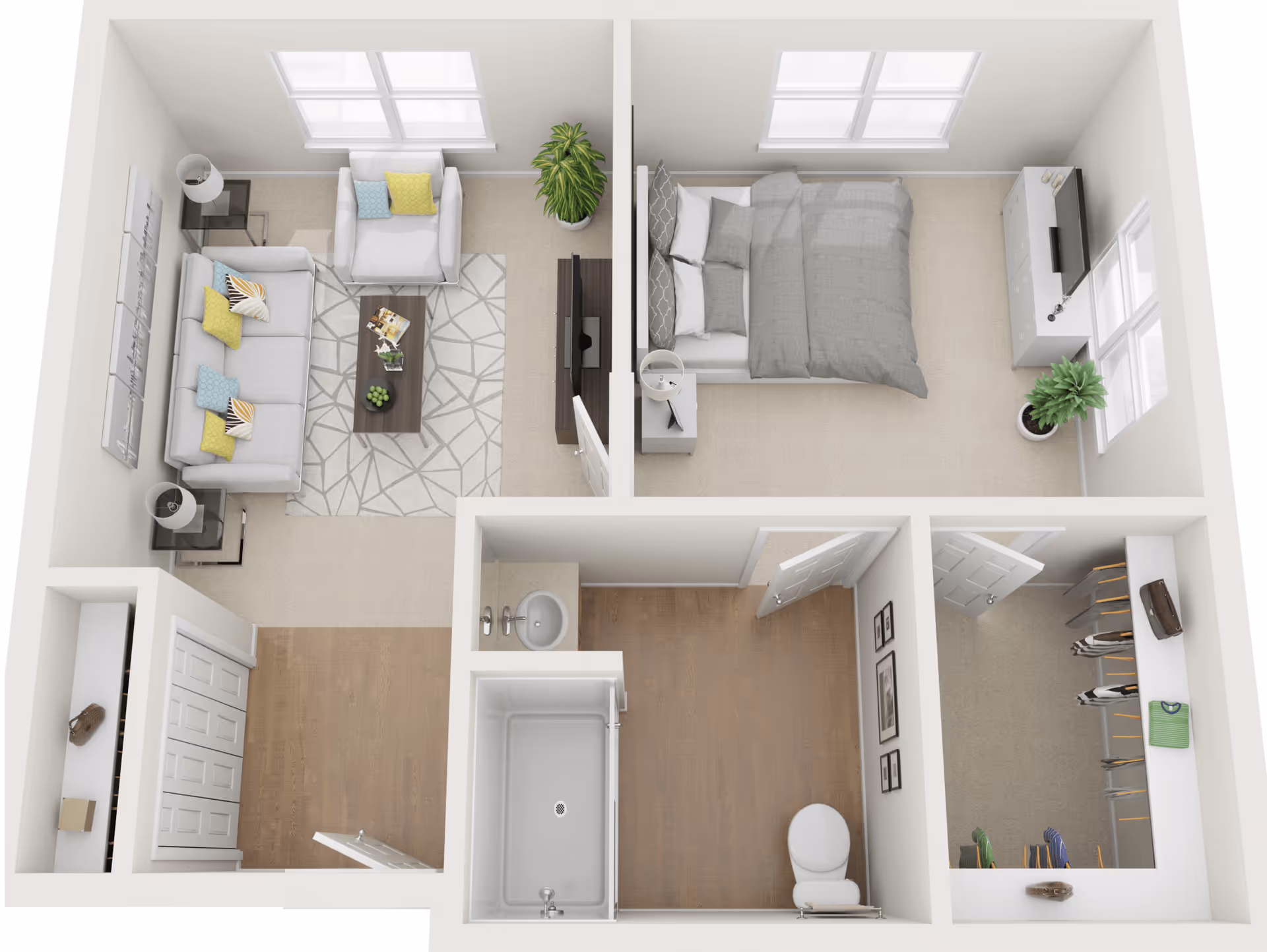 Top-down 3D floor plan of a one-bedroom apartment showing a living room, bedroom, bathroom, and closet.