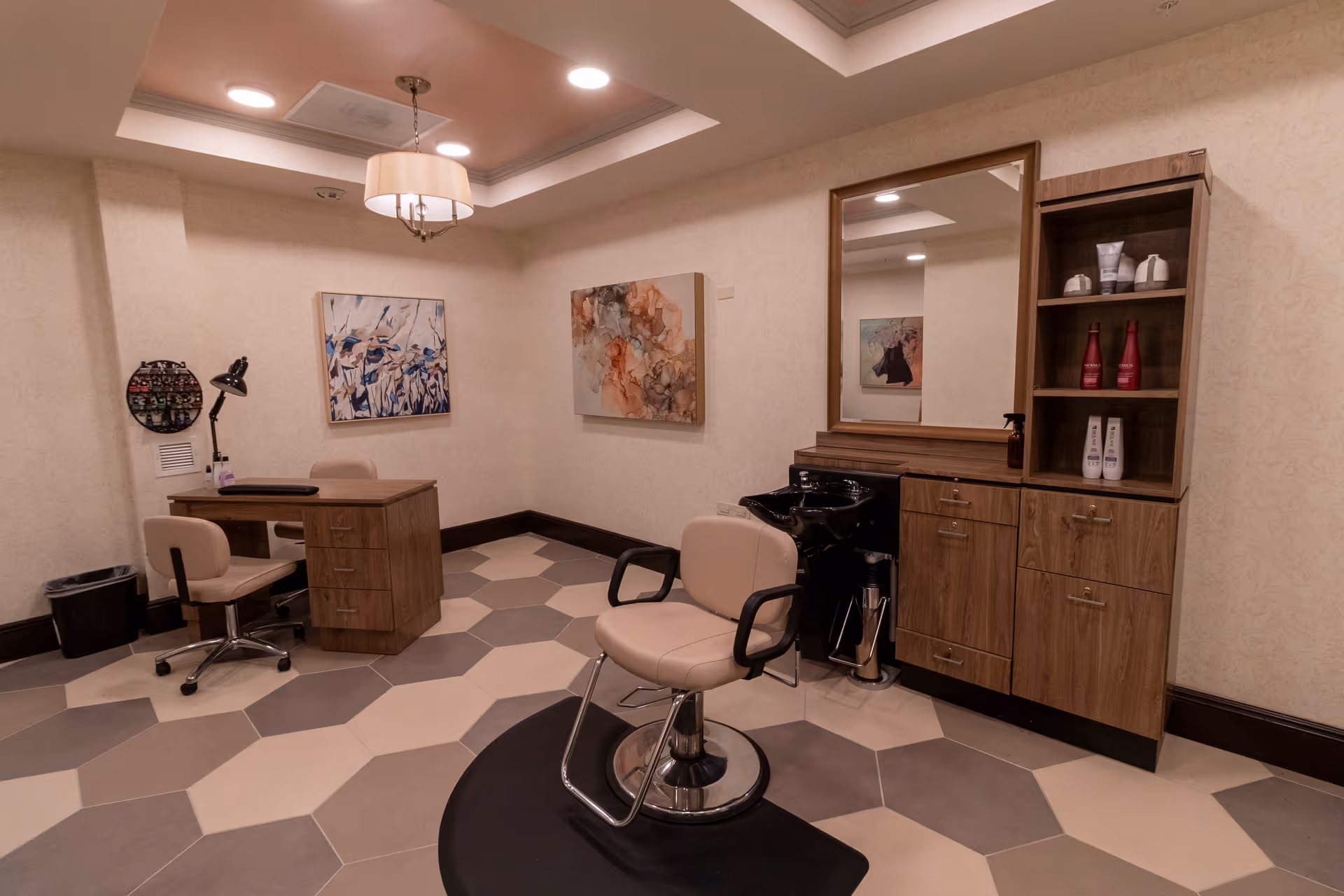 Salon room with a styling chair, shampoo sink, mirror, desk, and storage cabinets.