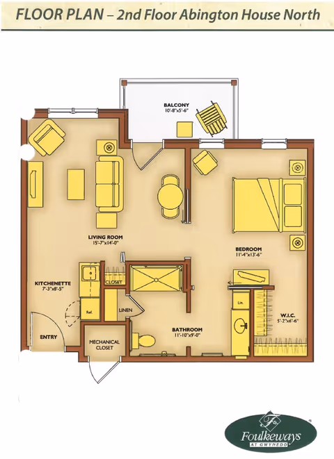 Colored floor plan labeled '2nd Floor Abington House North' showing a one-bedroom apartment with living room, kitchenette, bathroom, walk-in closet and balcony.