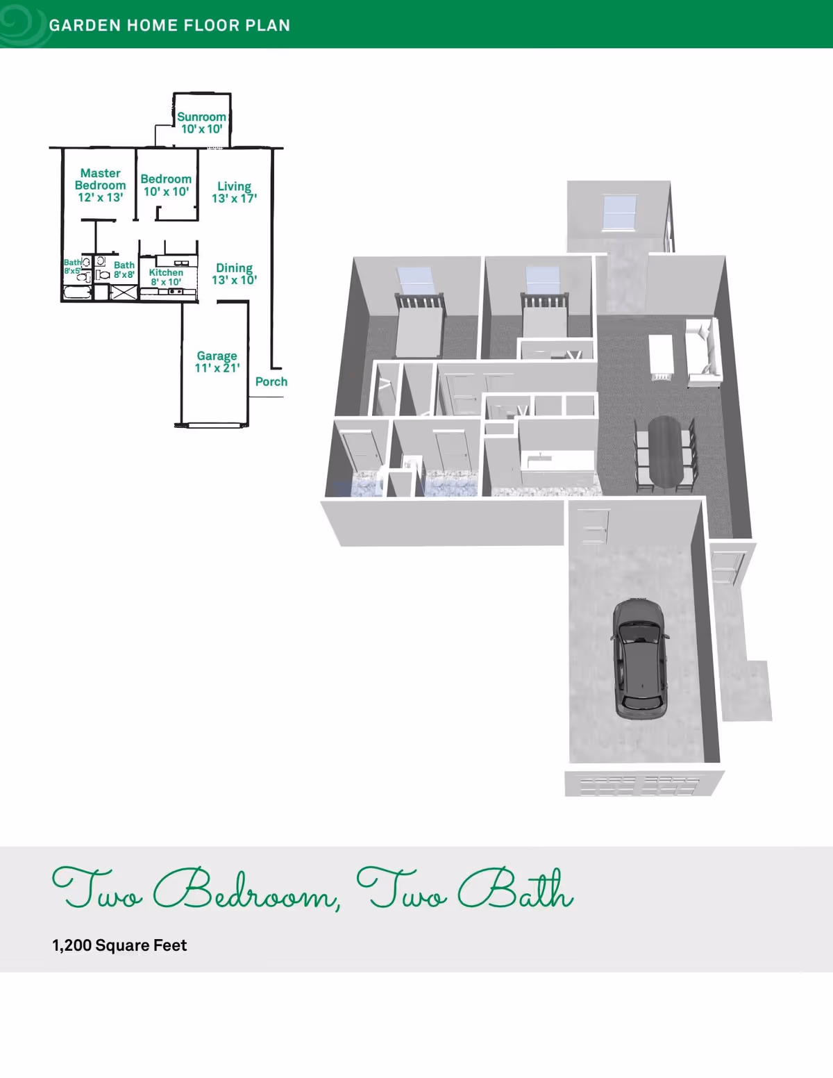 Floor plan and 3D layout of a two-bedroom, two-bathroom home with a sunroom, living room, dining area, kitchen, garage, and porch. The master bedroom measures 12 by 13 feet, the second bedroom 10 by 10 feet, the living room 13 by 17 feet, the dining area 13 by 10 feet, the kitchen 8 by 10 feet, the sunroom 10 by 10 feet, and the garage 11 by 21 feet. The layout shows furniture placement and room connections.