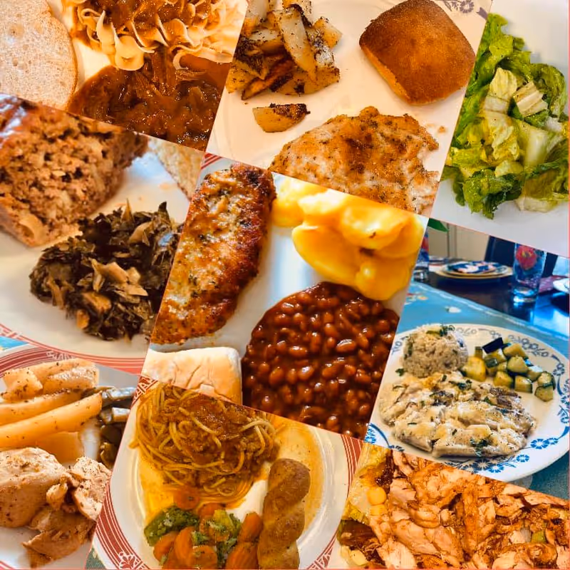 A collage of various plated meals including mashed potatoes with gravy, roasted potatoes, bread rolls, green salad, meatloaf with cooked greens, grilled chicken with baked beans and macaroni and cheese, spaghetti with meat sauce and vegetables, grilled chicken with rice and zucchini, and sliced roasted chicken.