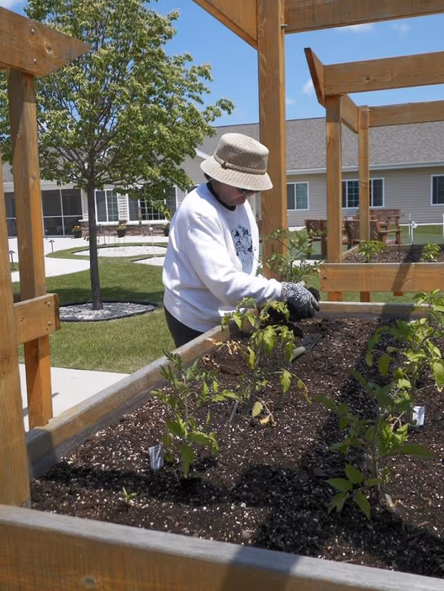 An elderly person wearing a hat, sunglasses, gloves, and a white sweatshirt is gardening in a raised wooden planter bed outdoors at a senior living facility. There are young plants growing in the soil, and the background shows a tree, a pathway, and a building with windows under a clear blue sky.