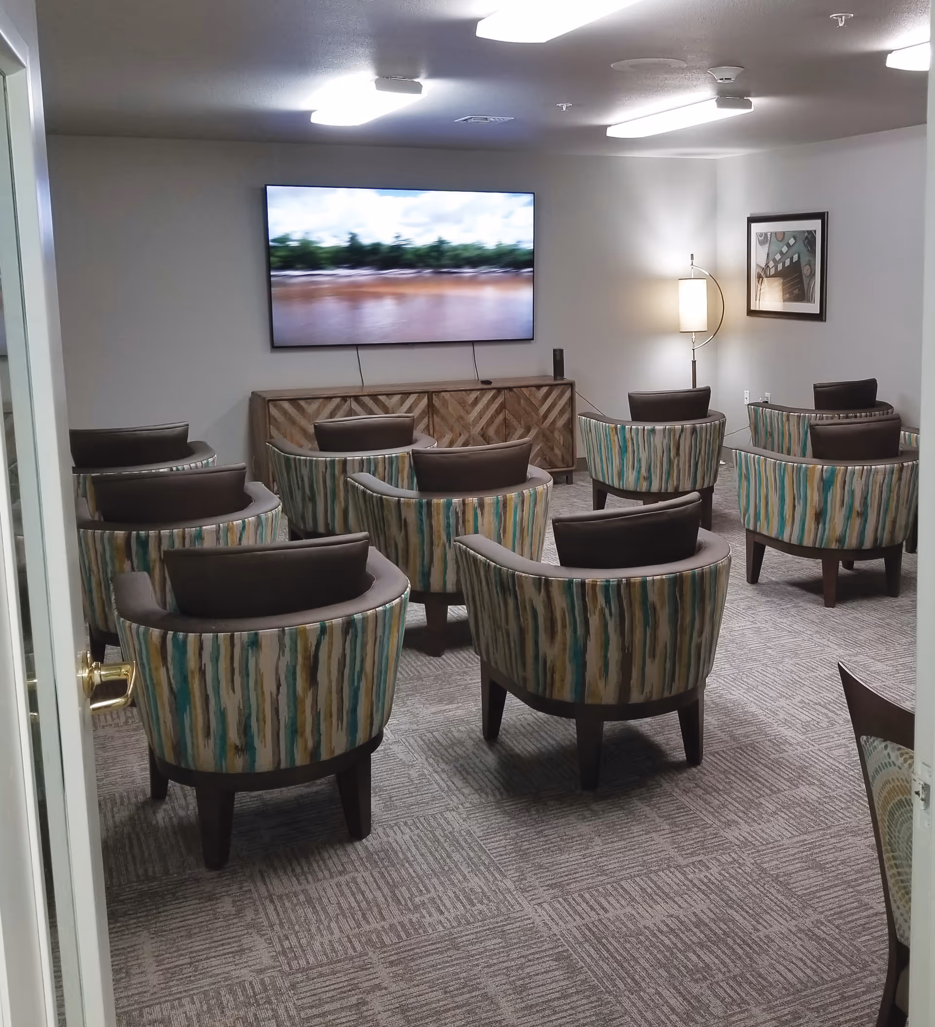 A small media room with nine patterned armchairs arranged in rows facing a large flat-screen TV mounted on the wall. The room has gray carpet, white walls, a wooden cabinet under the TV, a floor lamp, and a framed picture on the wall.