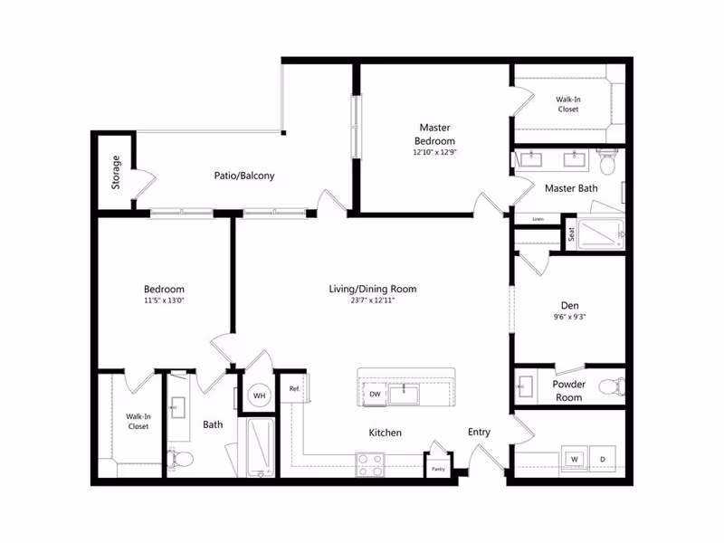 Architectural floor plan of a residential unit at Overture Albuquerque showing a master bedroom with walk-in closet and master bath, a second bedroom with walk-in closet, a living/dining room, kitchen with island, den, powder room, full bath, patio/balcony with storage, and laundry area.