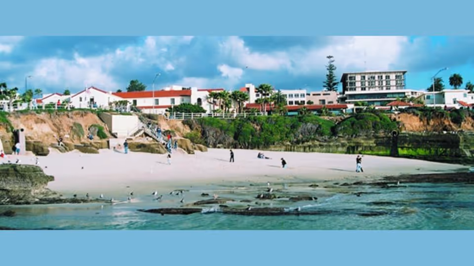 View of a sandy beach with people walking and seagulls near the water. Behind the beach, there is a cliff with greenery and a row of buildings, including a multi-story building and smaller structures with red roofs, under a partly cloudy sky.