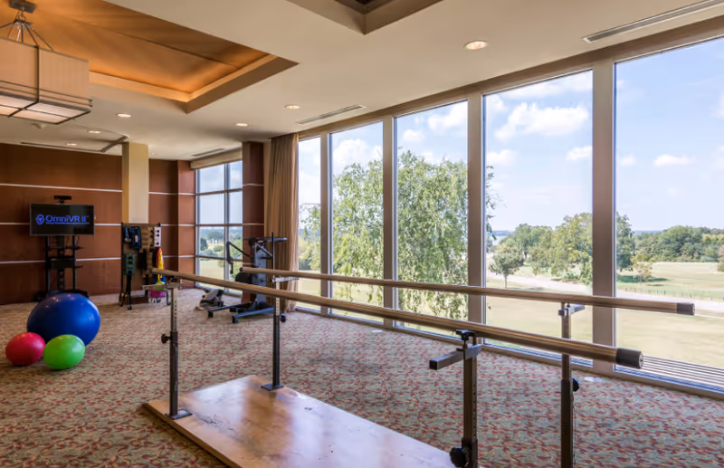 A spacious exercise room with large floor-to-ceiling windows offering a view of green trees and a clear sky. The room features parallel bars for walking exercises, colorful exercise balls on the carpeted floor, and a TV screen mounted on a stand displaying 'OmniVR II'. The ceiling has recessed lighting and a decorative light fixture.