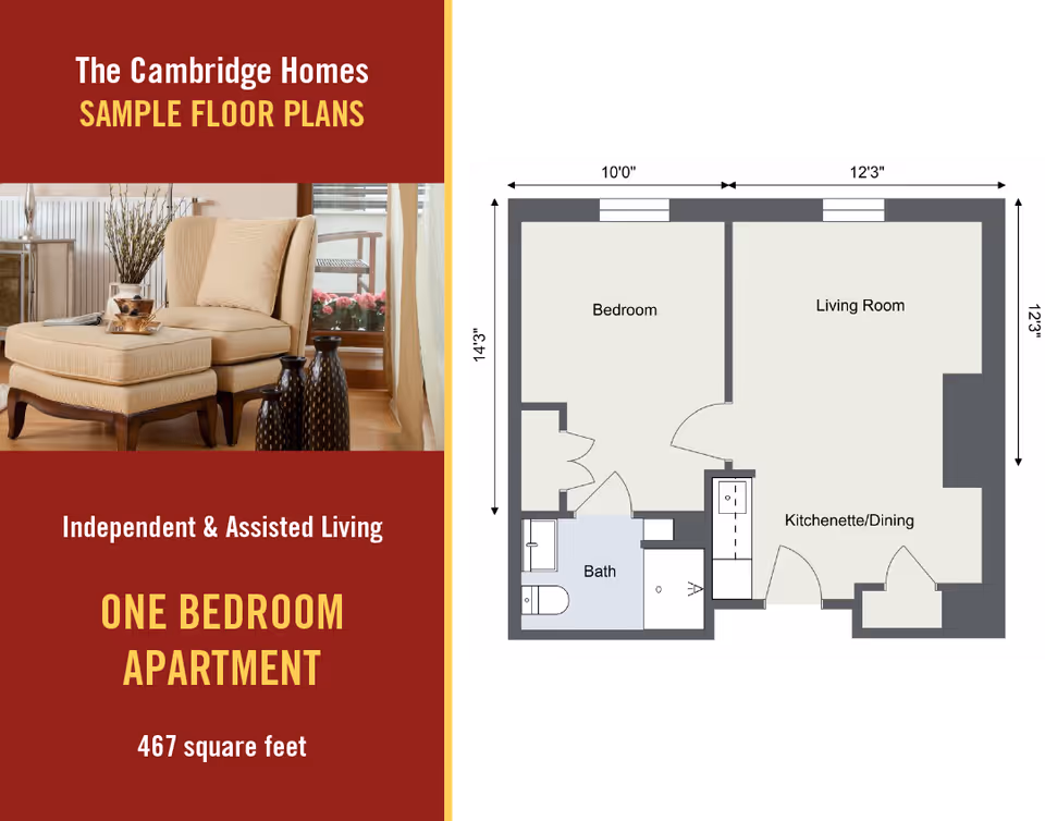 Floor plan of a one-bedroom apartment at The Cambridge Homes showing a bedroom, living room, kitchenette/dining area, and bathroom with dimensions. The left side of the image has a photo of a beige armchair with an ottoman and decorative vases, along with text describing the apartment as independent and assisted living with 467 square feet.