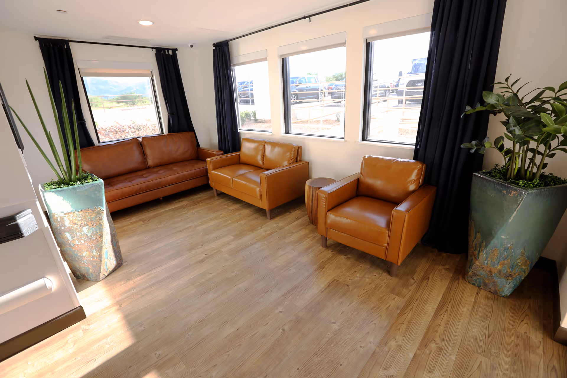 A bright room with three brown leather seating pieces including a sofa, a loveseat, and an armchair. The room has wooden flooring, three large windows with black curtains, and two tall green plants in decorative pots on either side of the seating area.