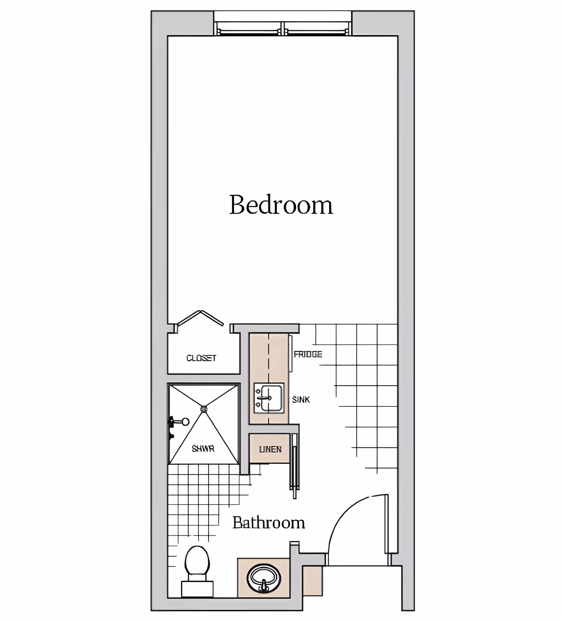 Floor plan of a studio-style unit showing a large bedroom area and an adjoining bathroom with shower, toilet, sink, linen closet and a small kitchenette/fridge area.