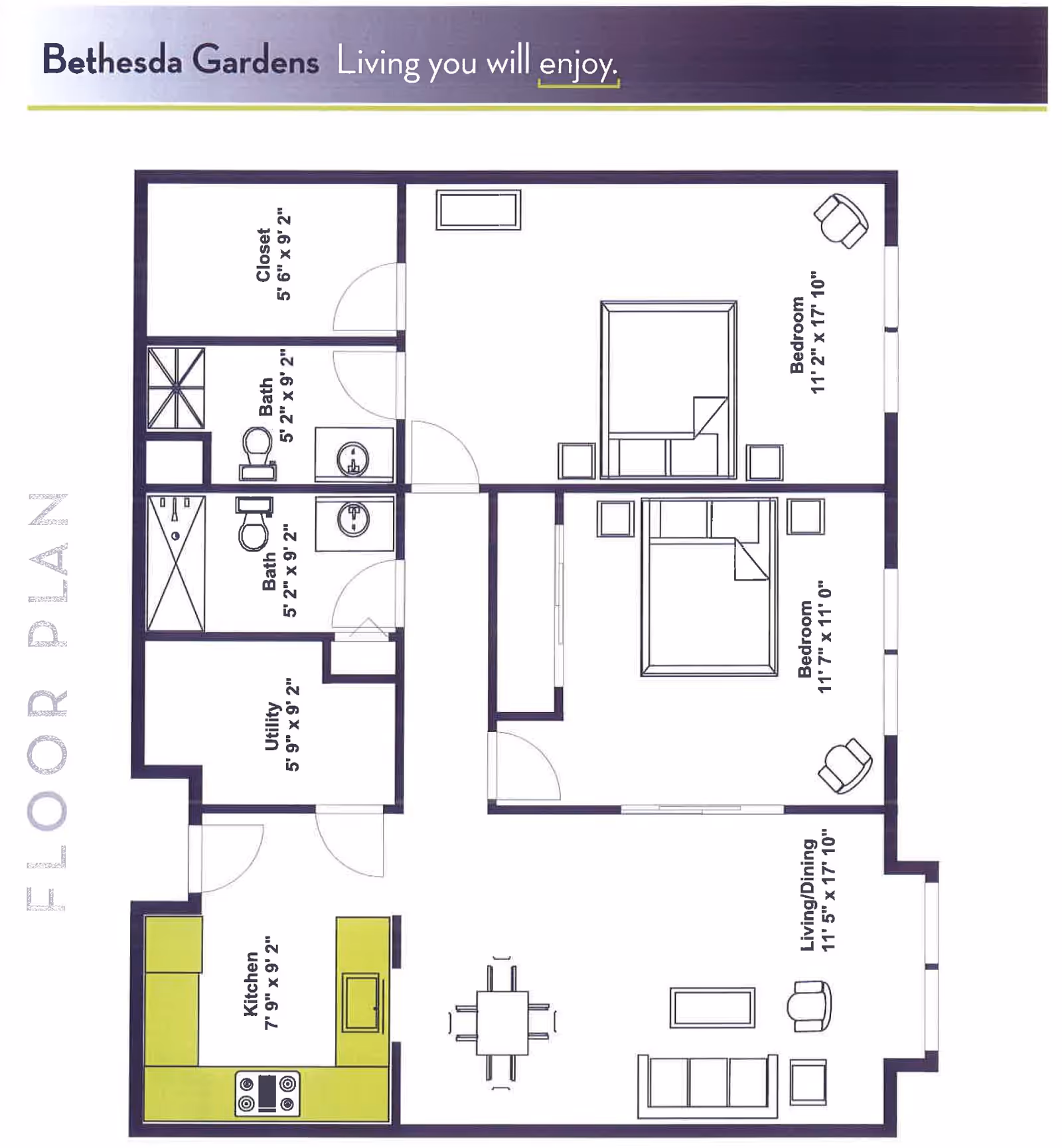 Floor plan of a residential unit at Bethesda Gardens showing two bedrooms, two bathrooms, a kitchen, a utility room, and a combined living and dining area. The kitchen is highlighted in green. Dimensions for each room are provided.
