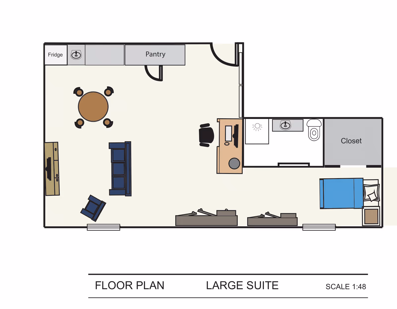 Floor plan of a large suite showing a combined living and dining area with a round table and four chairs, a kitchen area with fridge, sink, and pantry, a living room with sofa, armchair, and TV, a workspace with desk and chair, a bathroom with shower, sink, and toilet, a closet, and a bedroom area with a bed and nightstand.
