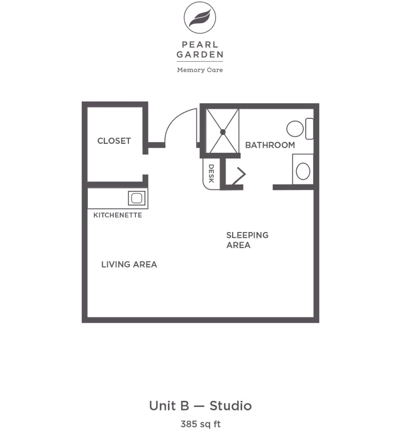 Monochrome floor-plan diagram titled "Unit B — Studio" showing a living area, kitchenette, closet, sleeping area, desk and bathroom for Pearl Garden Memory Care.