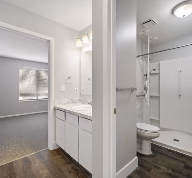 Interior view of a bathroom with a vanity and mirror on the left, and a toilet and accessible shower with grab bars on the right, with a bedroom visible through the doorway.
